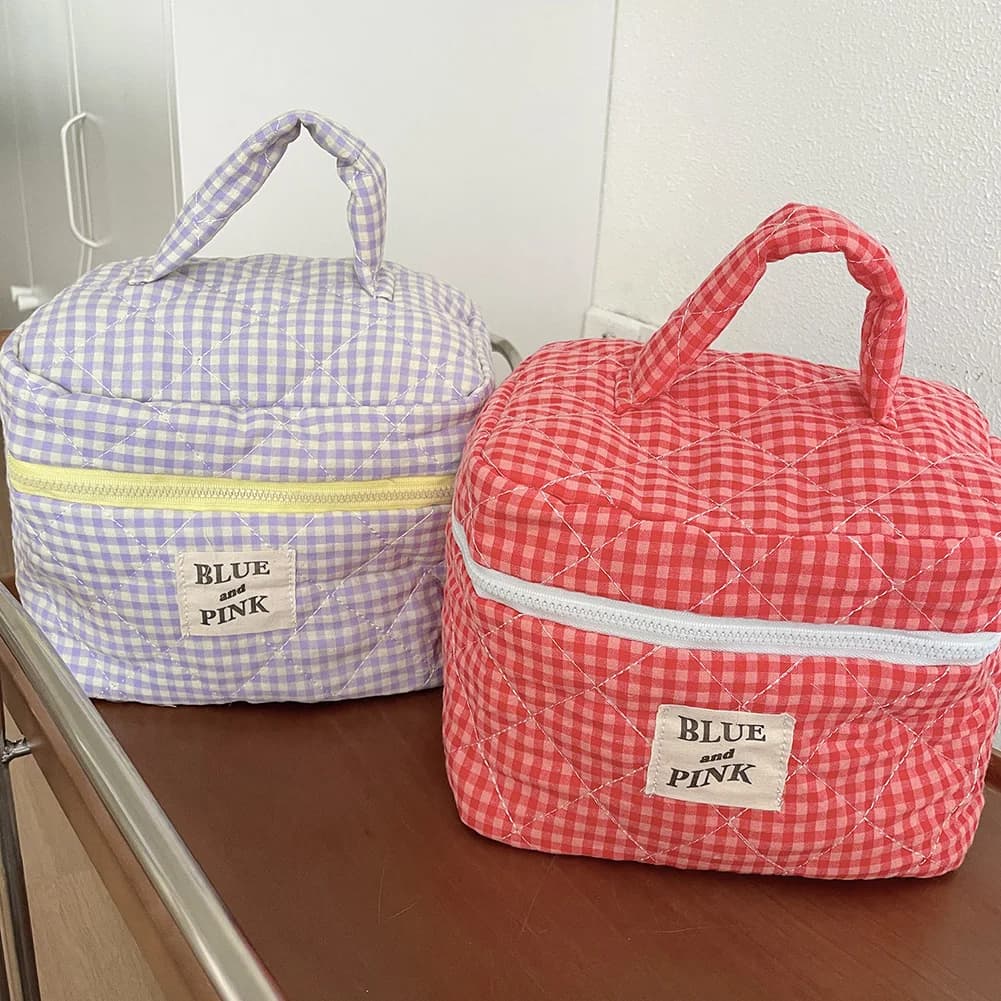 Borsa per il Trucco a Quadretti per Donne, Elegante Pochette in Cotone per Pennelli da Trucco, Borsa da Viaggio Pratica per Cosmetici