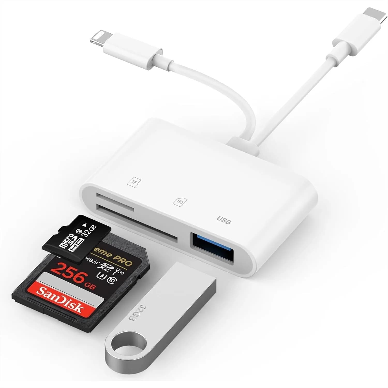 Lettore di Schede SD per iPhone iPad, Adattatore USB C Lightning a Doppia Porta, Lettore di Schede di Memoria per Fotocamera, Supporta SD e Micro SD, Senza App