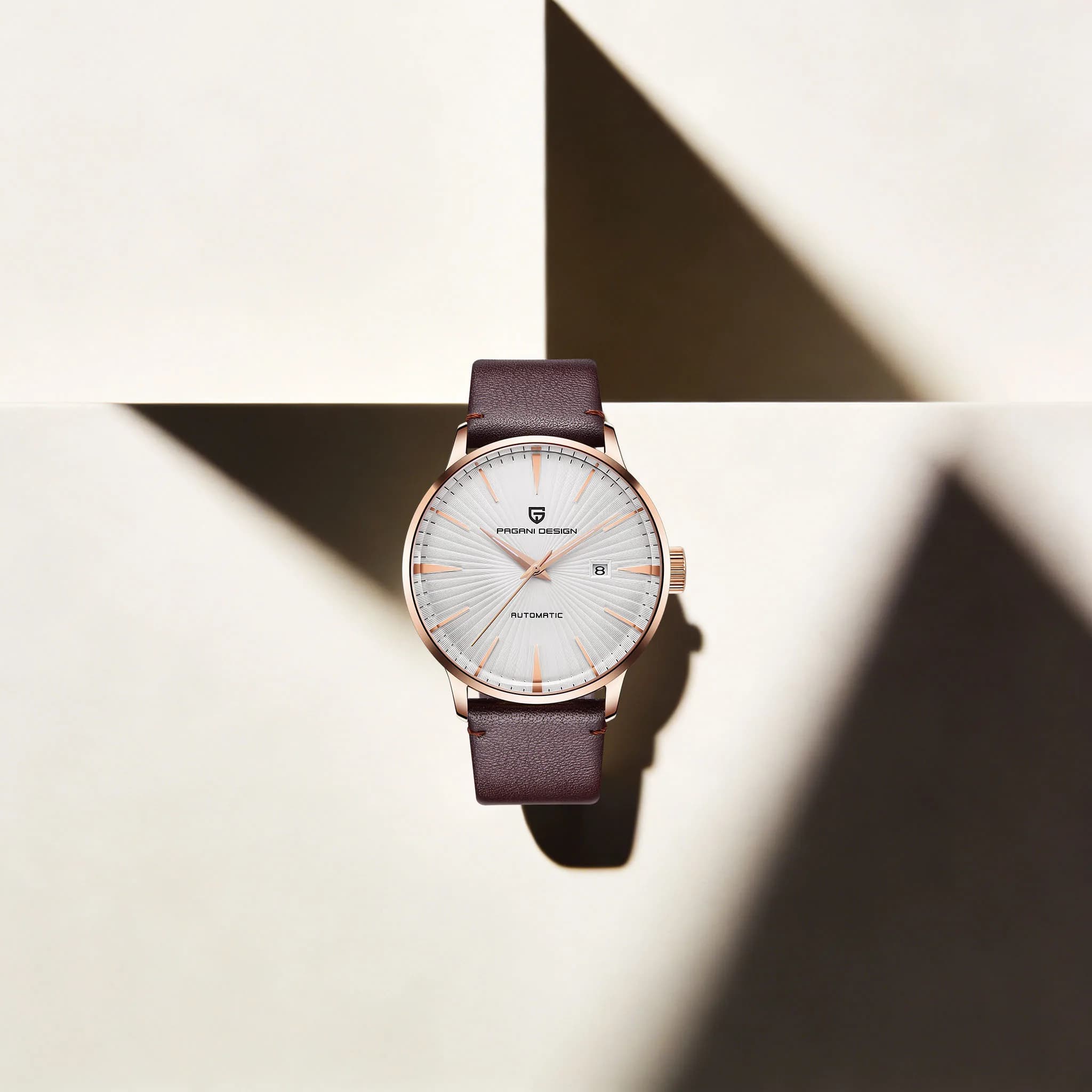 PAGANI DESIGN Orologio meccanico da uomo minimalista e discreto, di lusso, elegante, con cinturino in pelle premium, calendario Hardlex, orologio impermeabile fino a 30 m