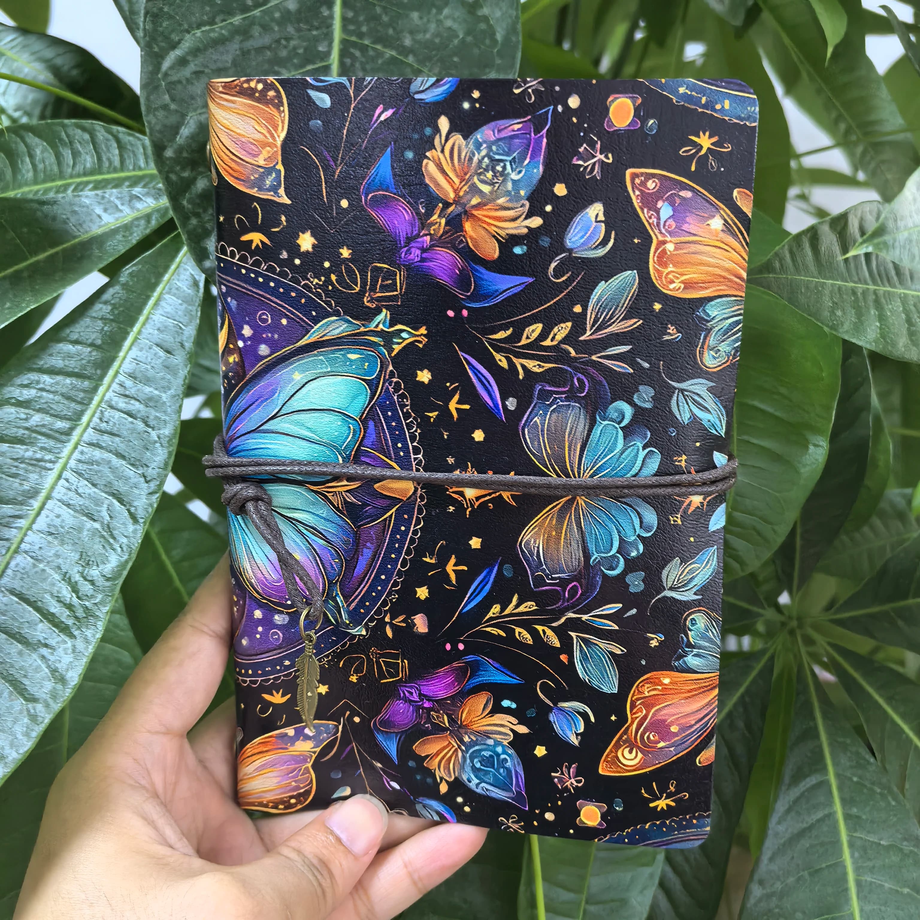 Celestial Blue Butterfly Print Notebook Gothic Witchy Journal with Tie Closure Retro PU Leather Cover A5 Notepad
