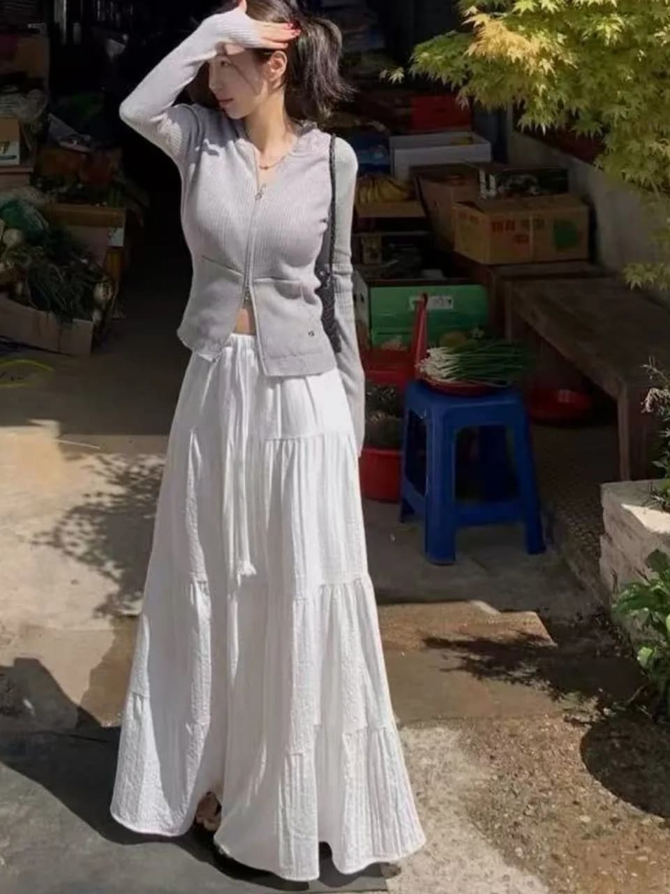 Cotton Gored Skirt with Drawstring Loose Waist Design for Women Bicolor Patchwork A-Line Skirt Sweet Vertical Texture Long Skirt