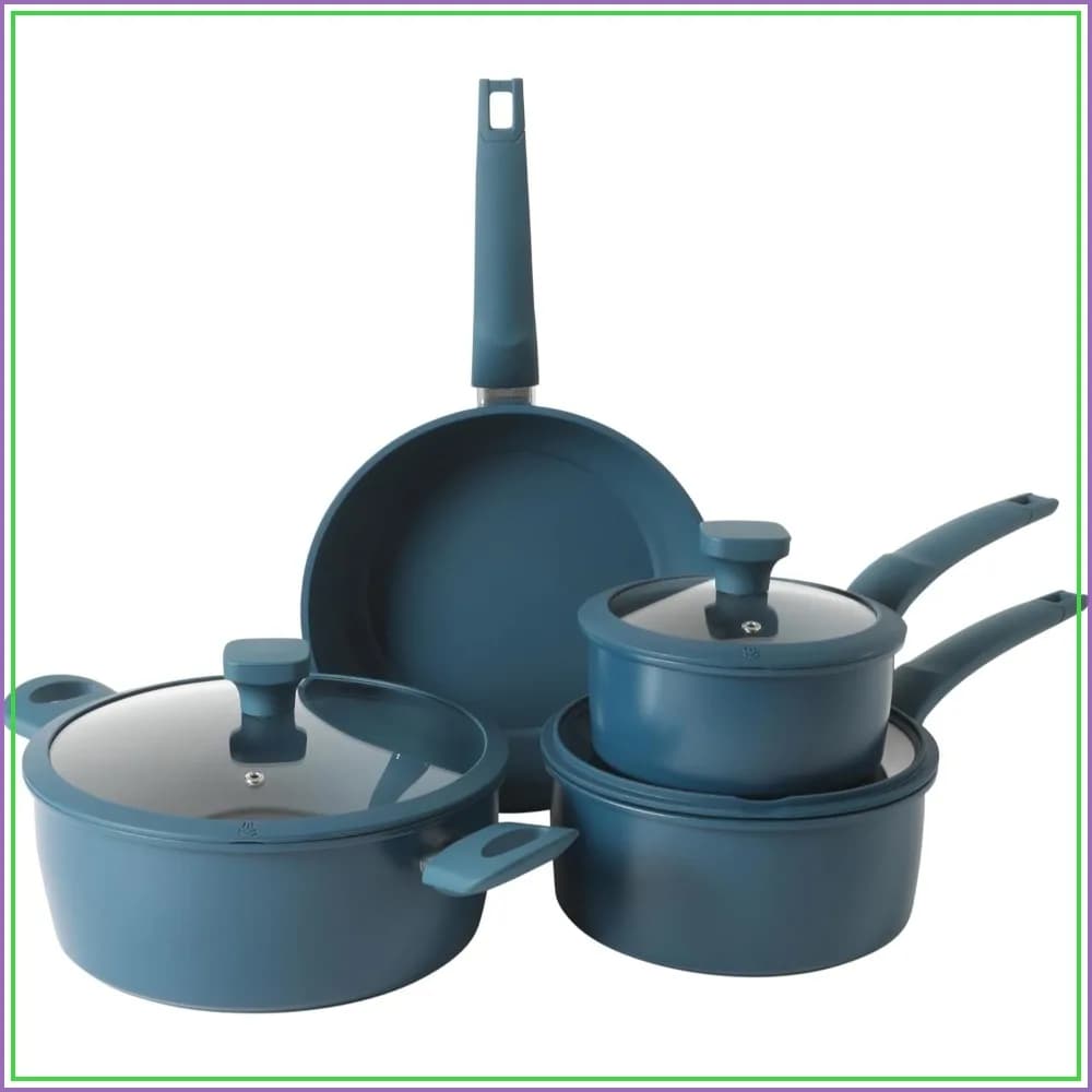 Set di Pentole in Acciaio al Carbonio Antiaderente in Ceramica da 7 Pezzi - Pentole e Padelle Blu con Coperchi in Vetro, Padella, Casseruola, Pentola Olandese