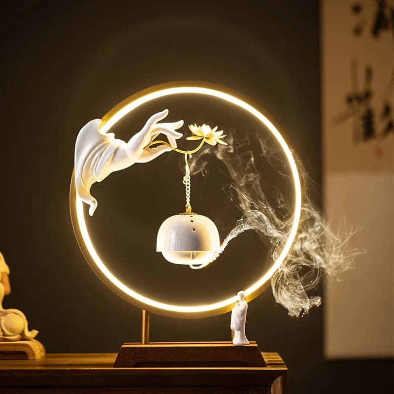 Bruciatore di incenso a riflusso sospeso da 30 cm con anello luminoso a LED USB Monge Zen Mano di Buddha OUDH Stufa profumata per ornamenti per la decorazione domestica