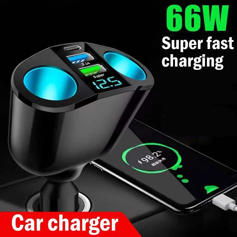66 W Quick Car Charger Splitter 12 V-24 V Dual USB Type-C Digital Car Charging Display DVR Quick Charging