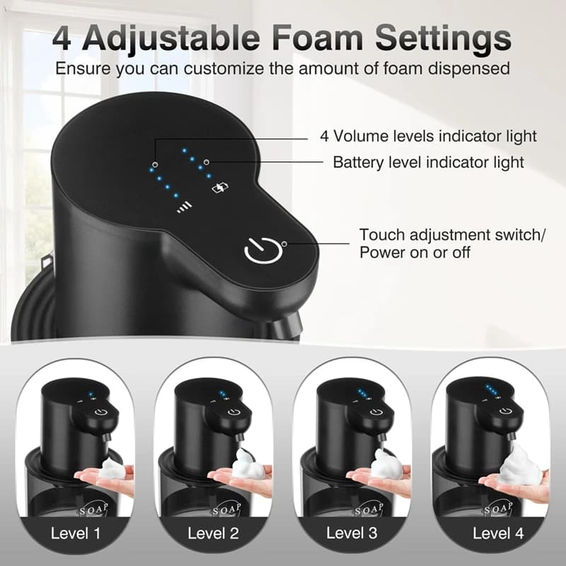 Dispenser automatico di sapone Touchless, dispenser di sapone schiumogeno regolabile a 4 livelli, supporto a parete per dispenser automatico di sapone, nero-ABAM