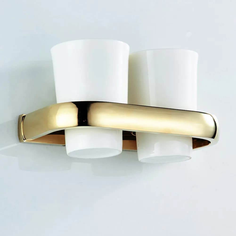 Set Porta Spazzolini in Ottone Placcato Oro 19,5x10cm, Mensola da Bagno a Parete con Doppio Porta Bicchieri, Organizzatore per Cucina