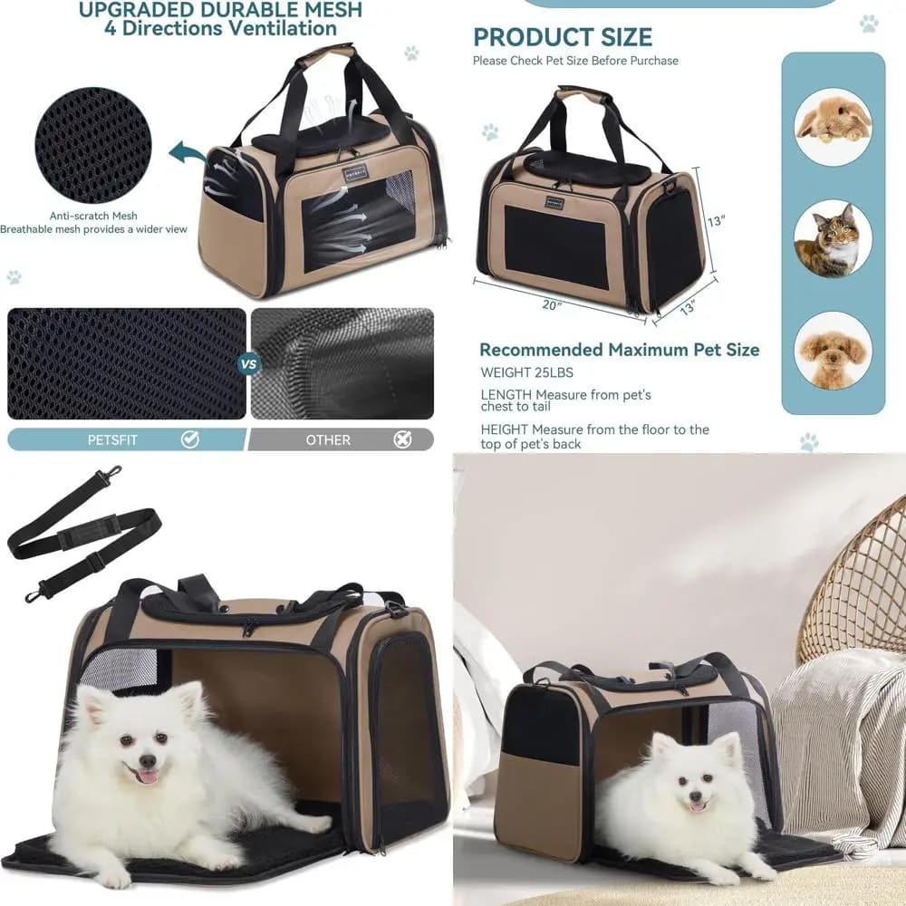 Animal transport with soft side for puppies and middle cats up to 25 pounds, large kaki travel bag