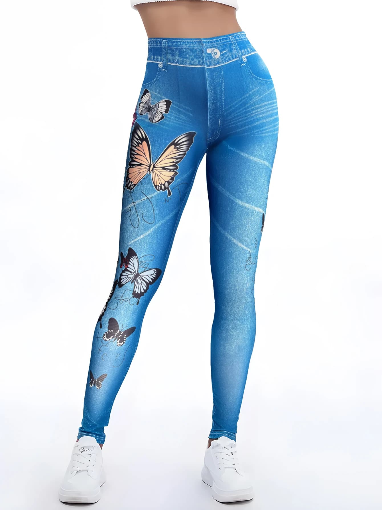 Women's Sports Leggings, Soft with Red Butterfly Print, Elasticized Jeggings, Fitters, Vintage Style, Fake Jeans