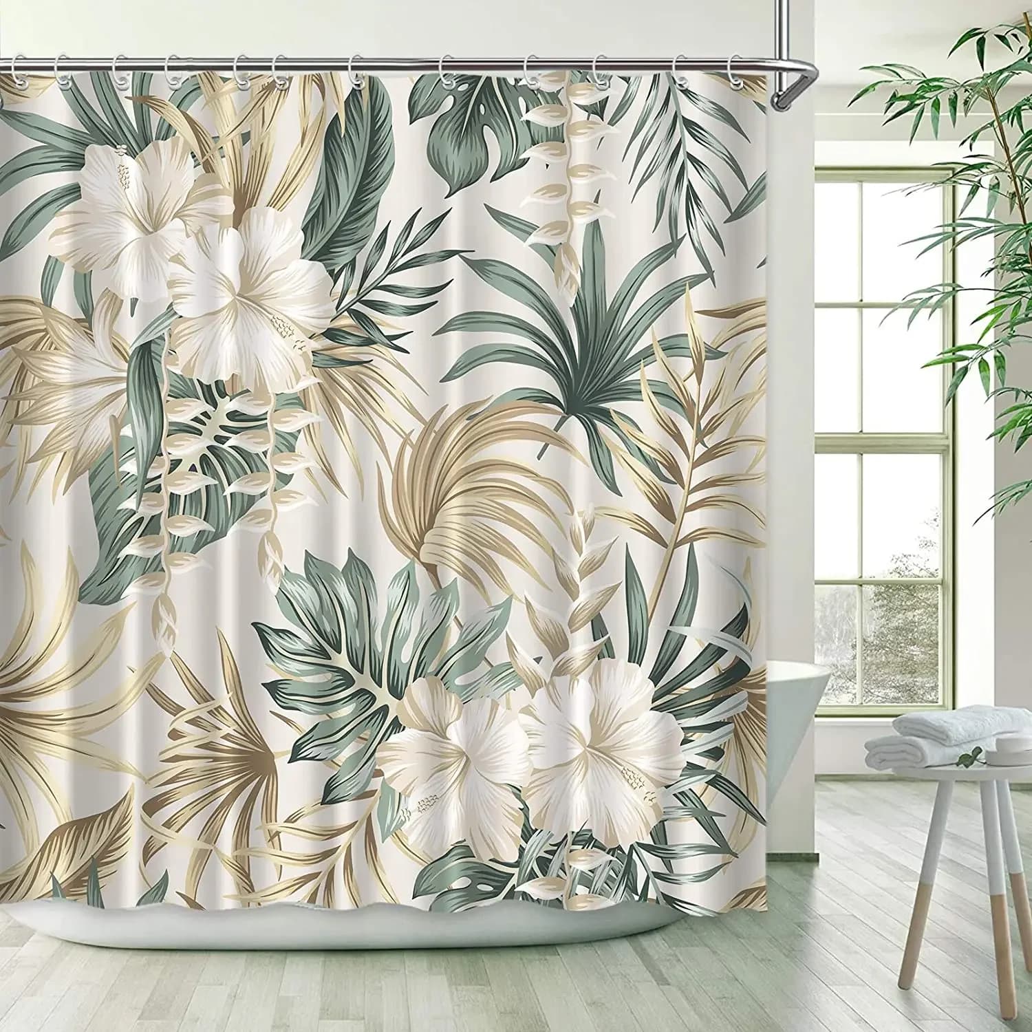 Pianta verde tropicale Foglia di palma Tende da doccia per bagno Tessuto giungla estiva Ganci impermeabili Tenda sospesa Decorazione per schermo da bagno