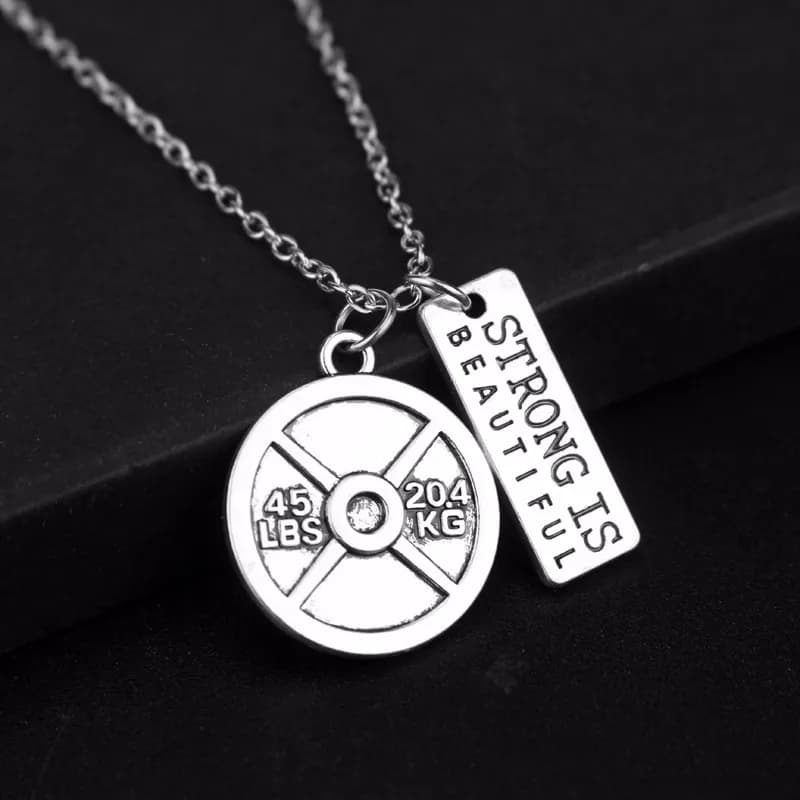 Self-motivation 45lbs weight balancer Fitness Kettlebell Dumbbell STRONG IS Beautiful necklace Charms necklace with pendant