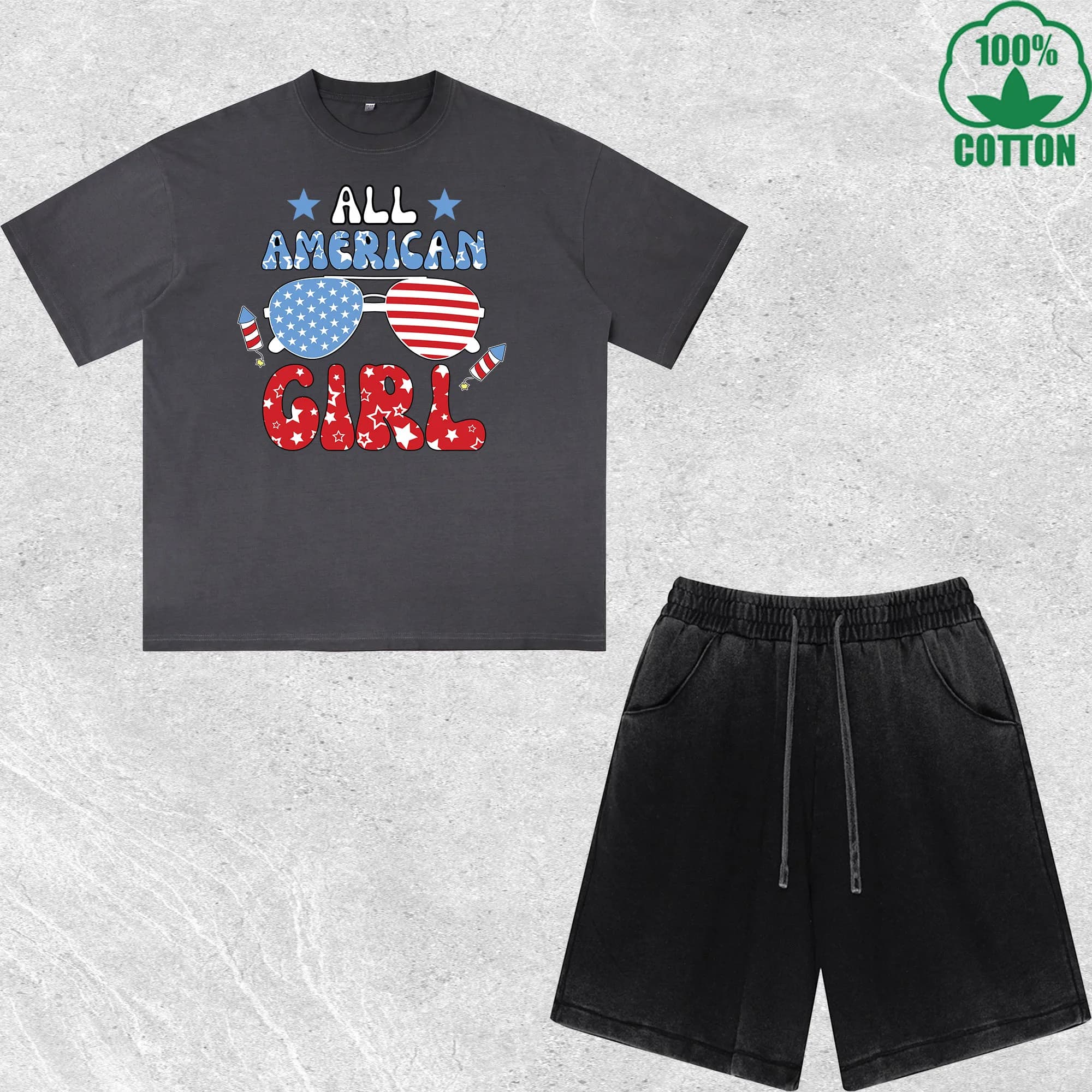 All American Girl printed T-shirts and shorts, dirty washing, wide fit, fashionable, 100% cotton, black