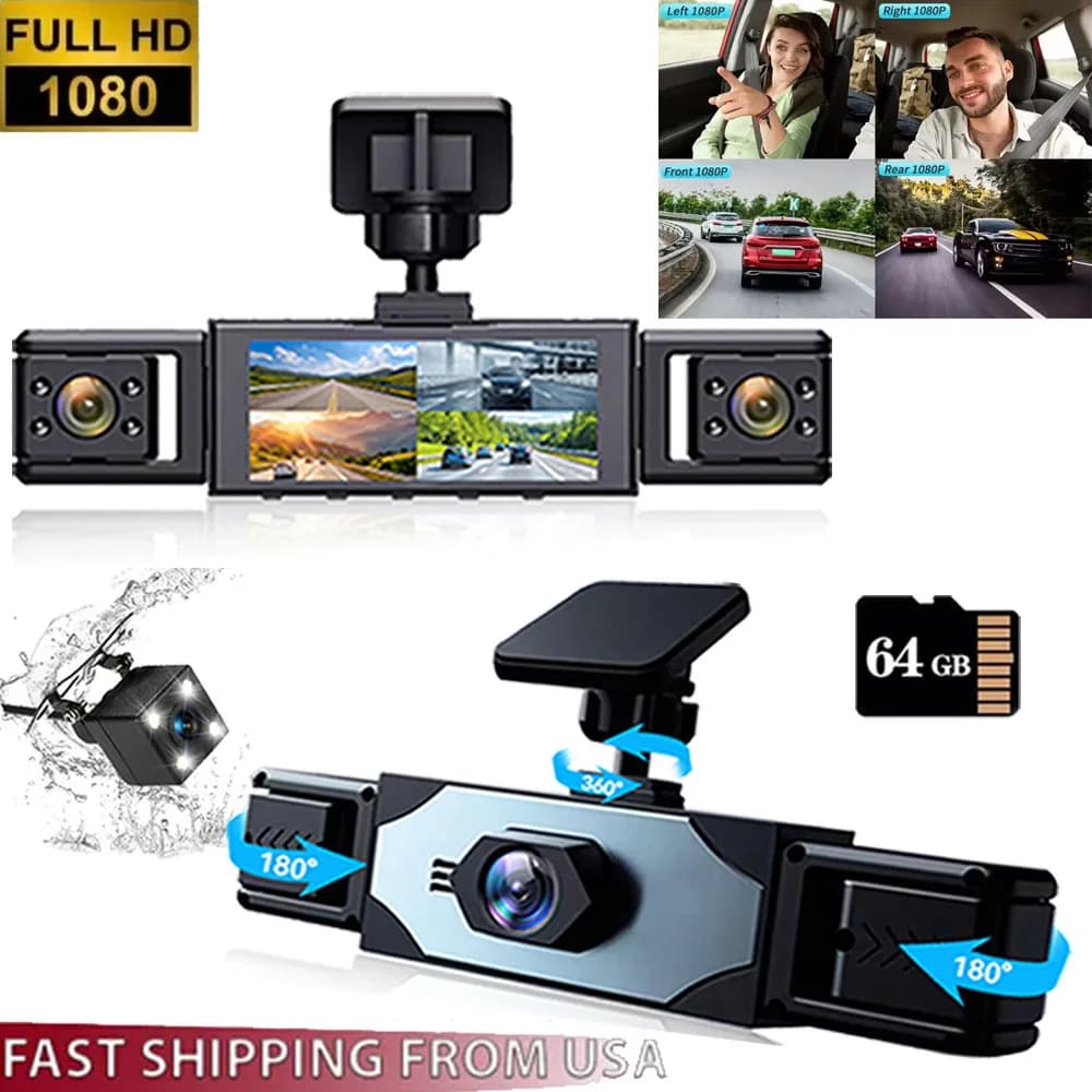 4 Channels HD 1080P 360 ° Dash Cam Driving Recorder for Cars with Camera Front and Back, 64GB Card, Grand Corner, Night Vision