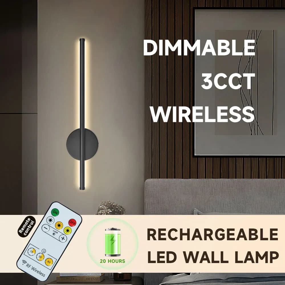 Lampada da parete a LED ricaricabile tramite USB-C, scocca nera, interruttore touch wireless con telecomando per illuminazione specchi, camere da letto, bagni, studio