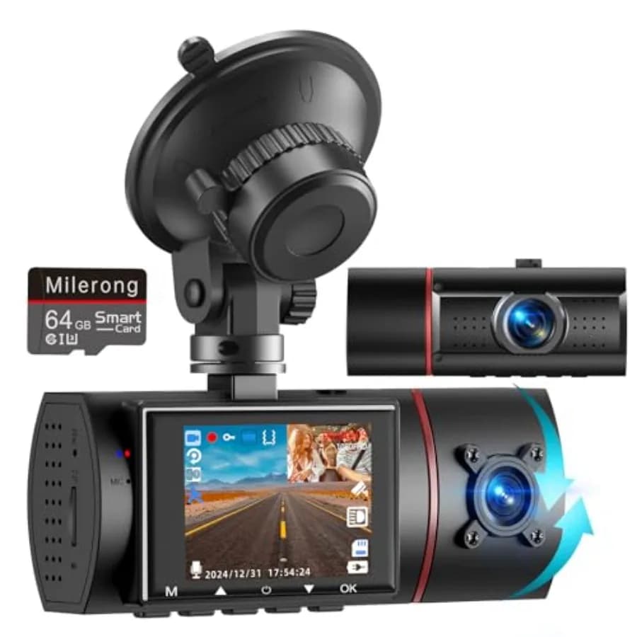 Doppia Dash Cam Anteriore e Interna con Scheda da 64GB, Telecamera per Auto X25 1080P con Visione Notturna a Infrarossi, Registrazione in Loop, G-Sensor