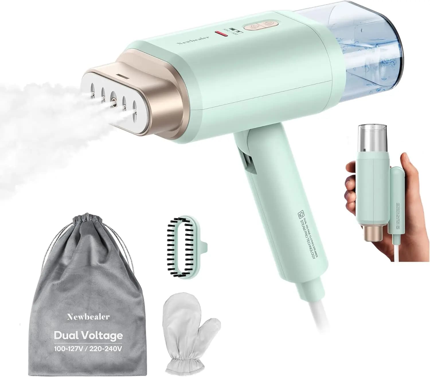 Vaporizzatore da Viaggio a Doppia Tensione, Riscaldamento Rapido 1200W, Design Pieghevole per Rimozione Pieghe dai Vestiti