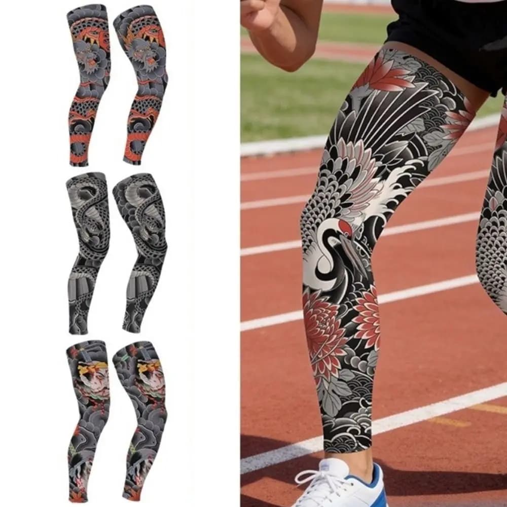 1Pair Ice Silk Cyclying Leg Sleeves Elastic Non-slip Leg Compression Sleeves Breathable Tattoo Printing Knee Protection Pads