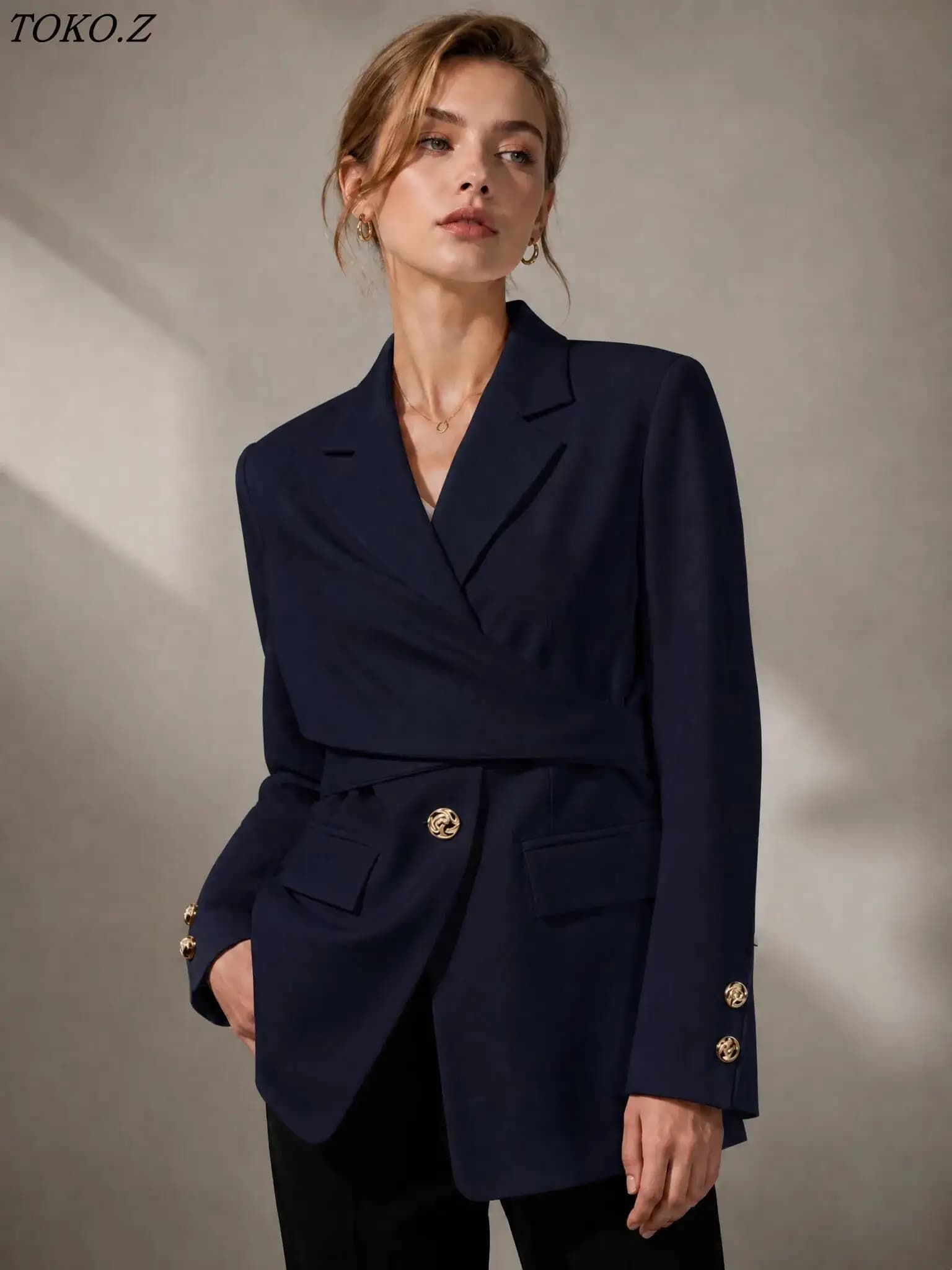TOKO Women Cross Wrap Blazer Elegant Notched Lapel Gold Button Slim Waist Suit Jacket Female Long Sleeve Pocket Office Formal