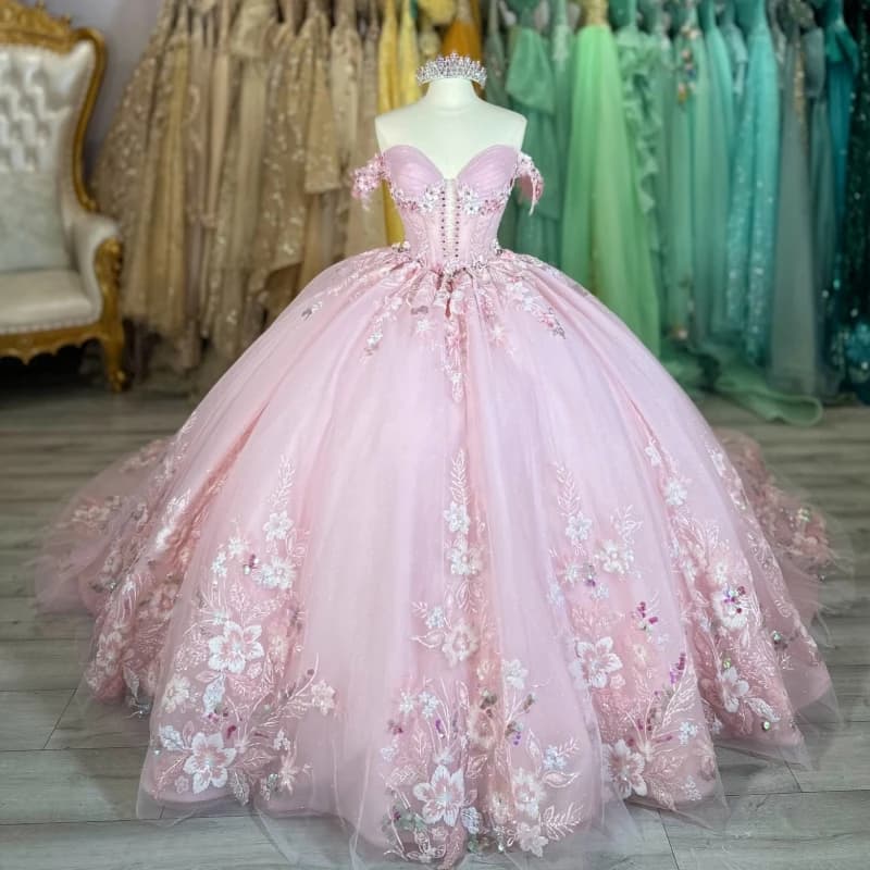 Abiti Quinceanera rosa lucido con spalle scoperte Applique in pizzo con perline di cristallo Festa di compleanno Dolce 16 Abito Abiti da 15 Anos