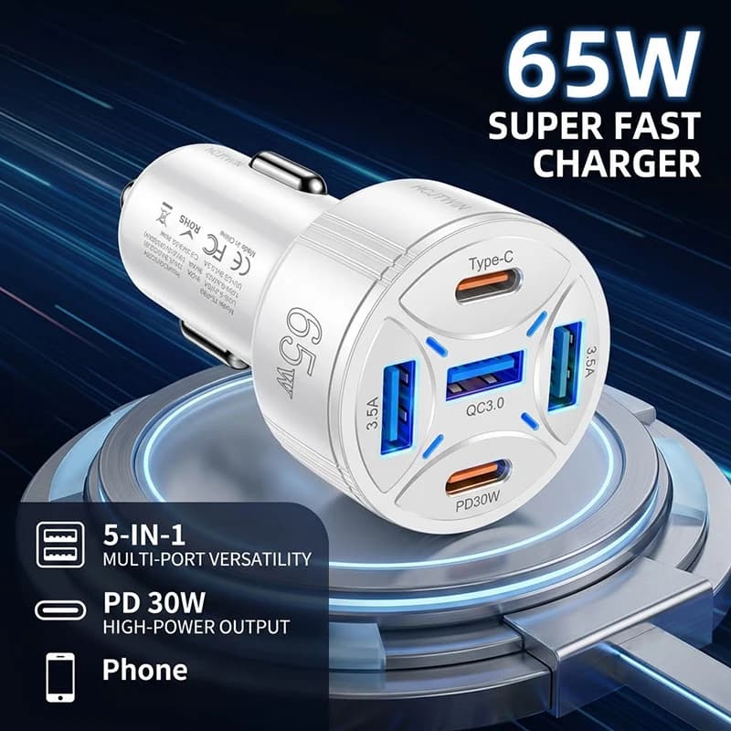 65W Fast Car Charger 5-Port Multi USB C Auto Adapter PD30W QC3.0 Wide Voltage 12V-30V Fits Family Cars For iPhone 17 16 Pro Max