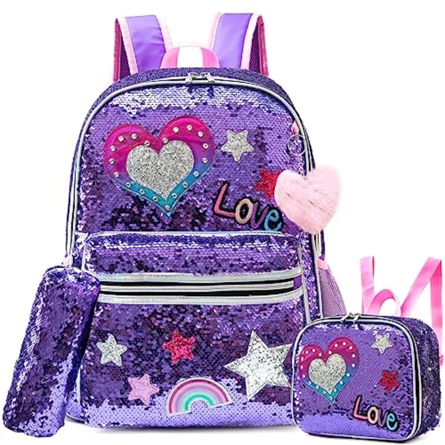 Zaino per Ragazze 16 Pollici, Zaini Scolastici con Paillettes e Borsa Termica per Studentesse delle Elementari