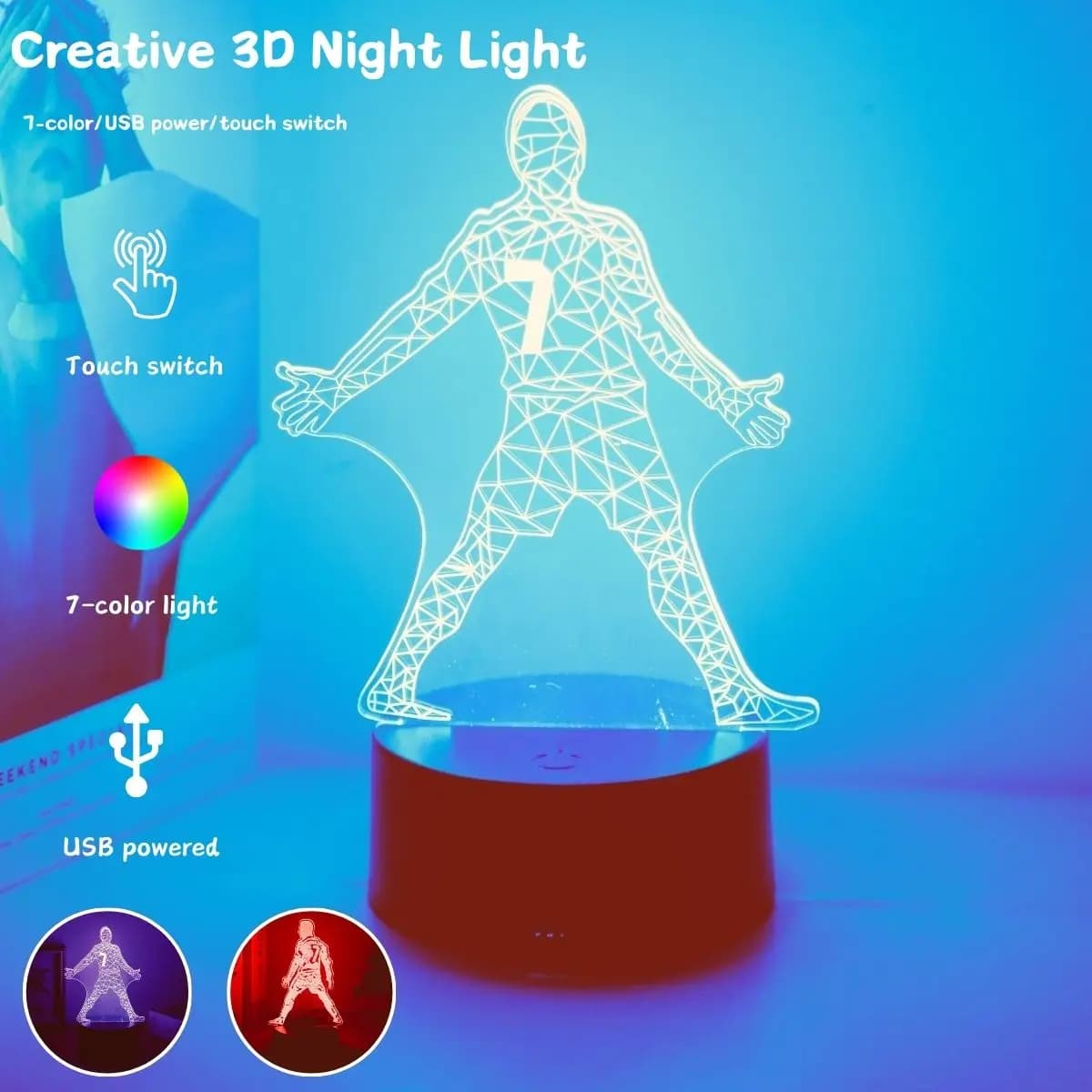 3D Night Lamp in Soccer Ball Shape N.7, Multicolor USB Atmospheric Light, Bedroom Decoration and Games Room, Football Fan Gift