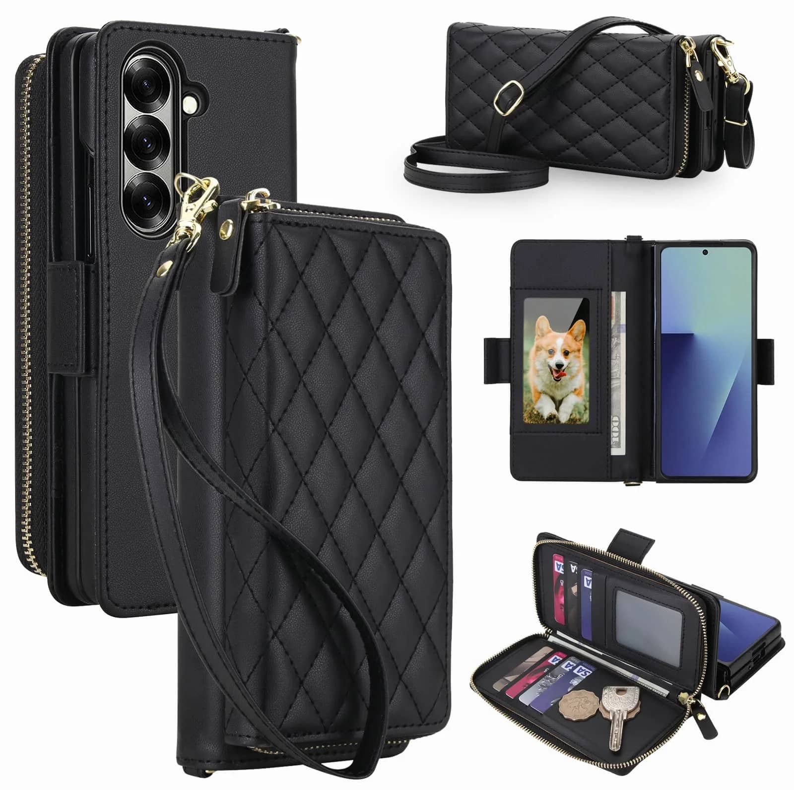 Custodia a tracolla WEFOR per Samsung Galaxy Z Fold 7 6 5 4 3 con protezione RFID, cerniera, slot per carte, funzione stand e cinturino da polso