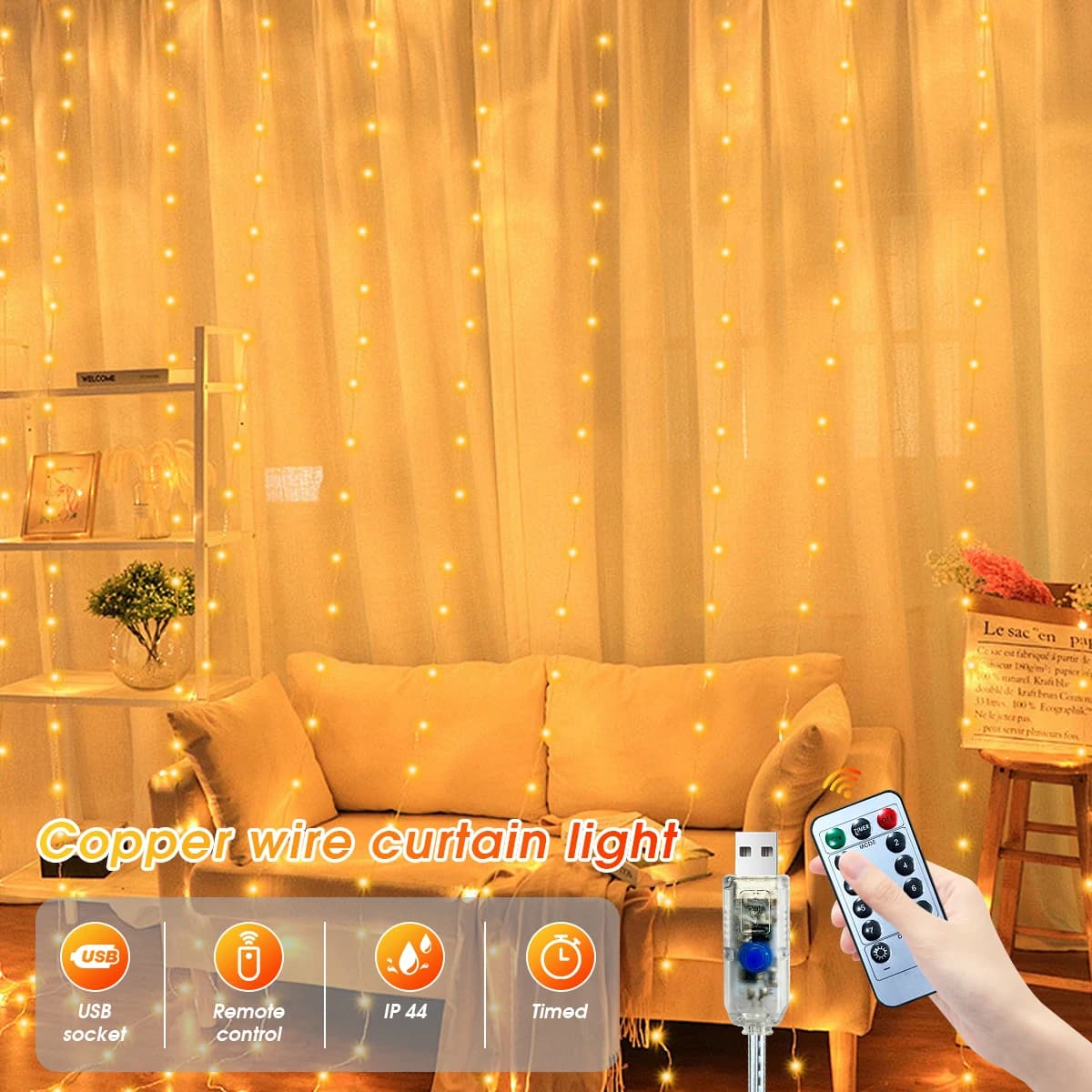 Luci per tende da fata da 300 LED con telecomando, 8 modalità di illuminazione, lampada da finestra USB impermeabile con timer dimmerabile per la decorazione