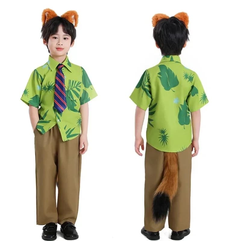 2026 child Fox Nick Wilde Cosplay Shirt With Tie Men Halloween Green Leaves Printed Summer Casual T-shirt and Necktie CanCos