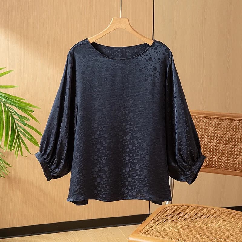 Camicetta da donna in seta jacquard di seta di gelso al 100% tipo ampio blu navy pois girocollo manica 3/4 camicia estiva QQ046