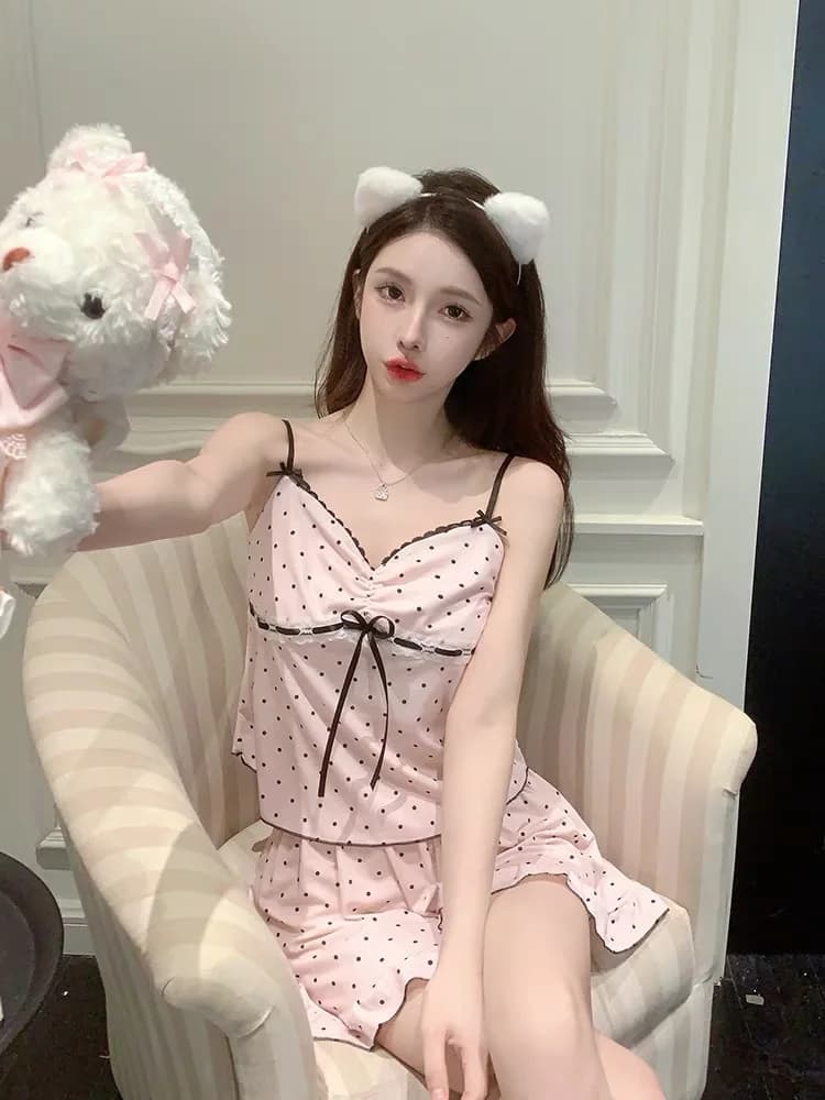 Summer camisole polka dot bow modal new pajamas with chest cushion pure sensual home wear can be worn as an outerwear set