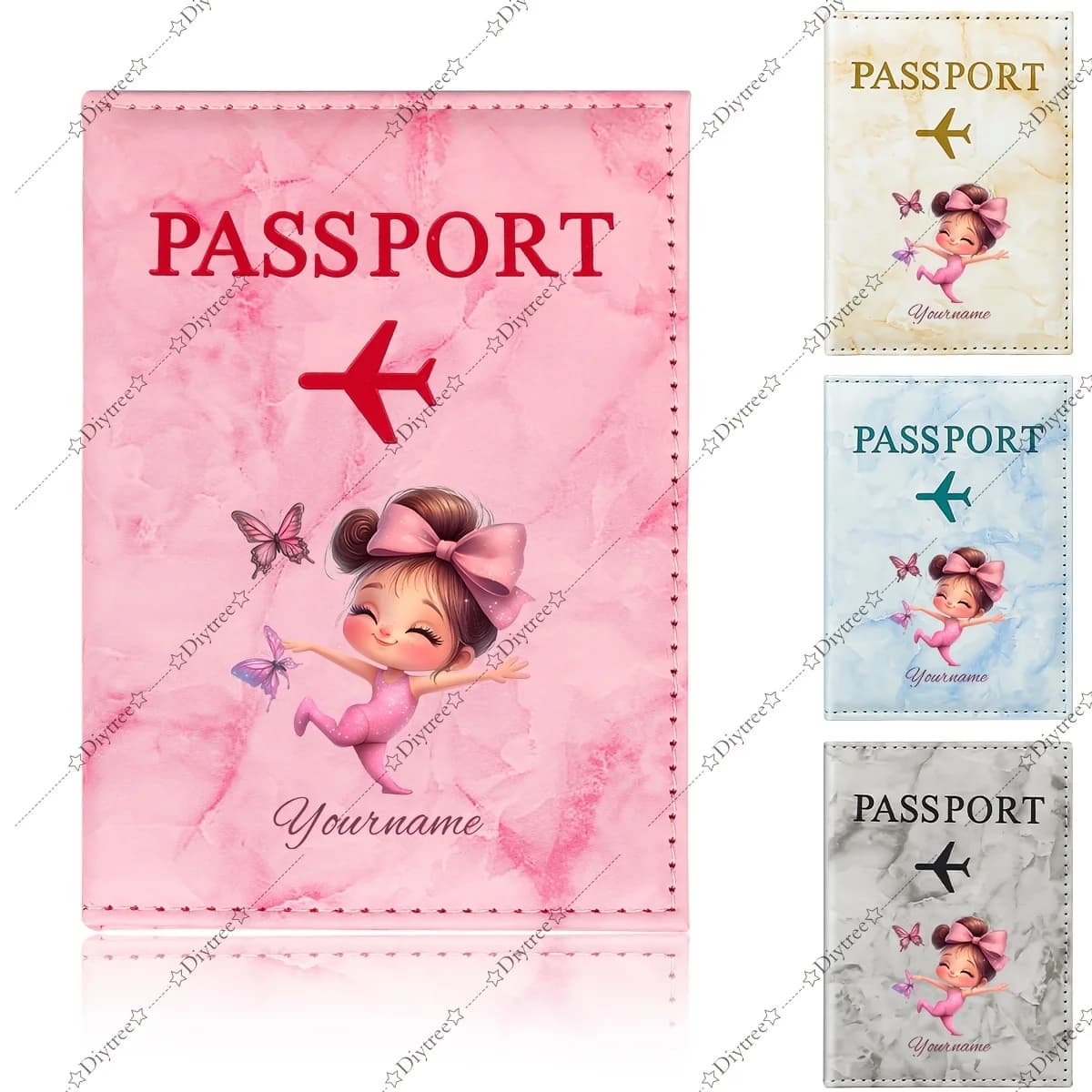 Porta Passaporto Personalizzato con Fiocco e Illustrazione Fata, con Fata Rosa, Farfalle e Design Decorativo Sognante