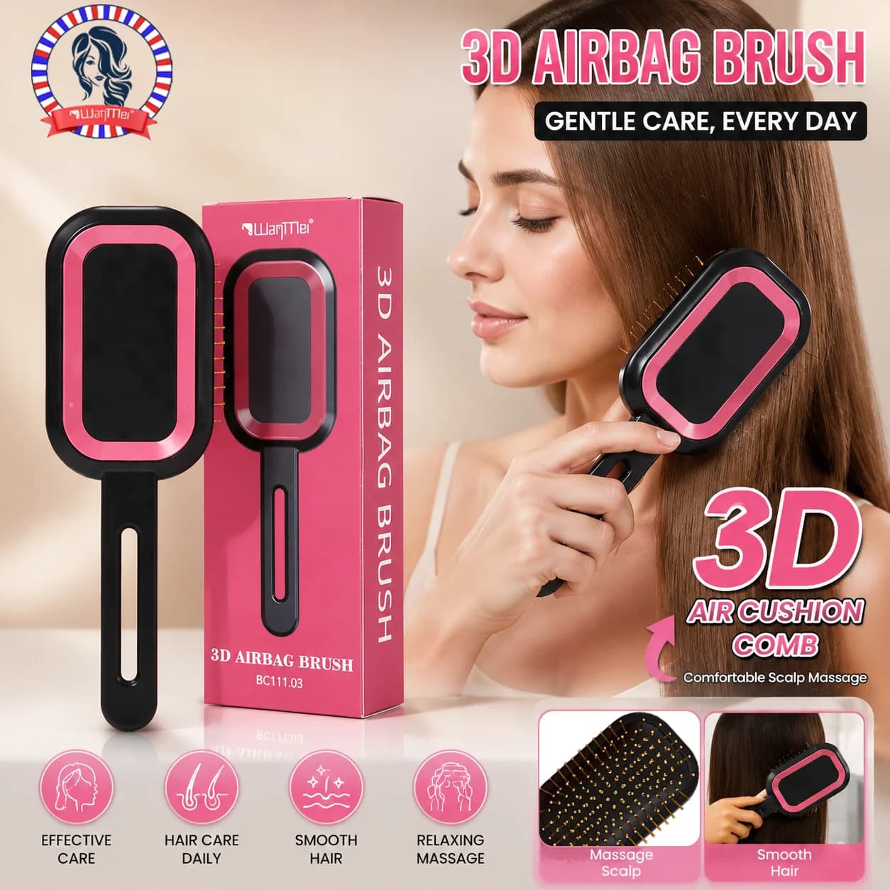 3D Hair Brush with Air Bearing, Self-cleaning, Massage, Districate, for Smooth and Moisturizing Hair, Without Pulling Hair, for Daily Care, Gift Pack
