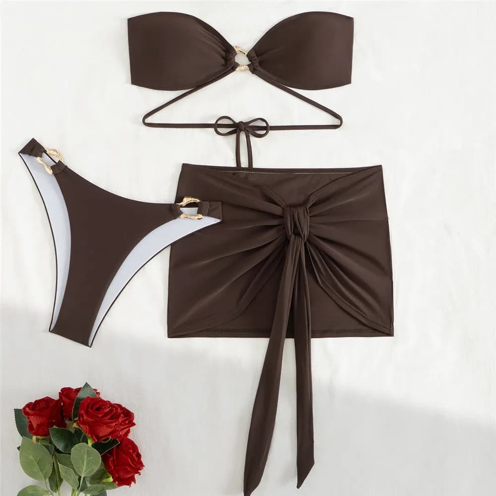 Bikini a fascia marrone da donna, sexy, con anello in metallo, copricostume, costumi da bagno 2026, mini gonne da spiaggia, set bikini 3 pezzi