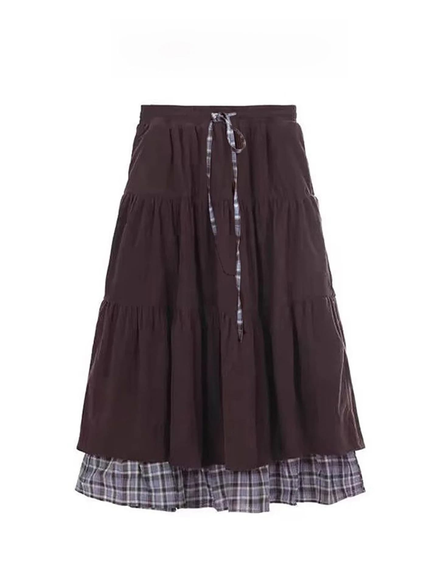 Gonna lunga in velluto a coste da donna, autunno inverno, con design a doppio strato e dettagli a quadri, stile elegante e raffinato