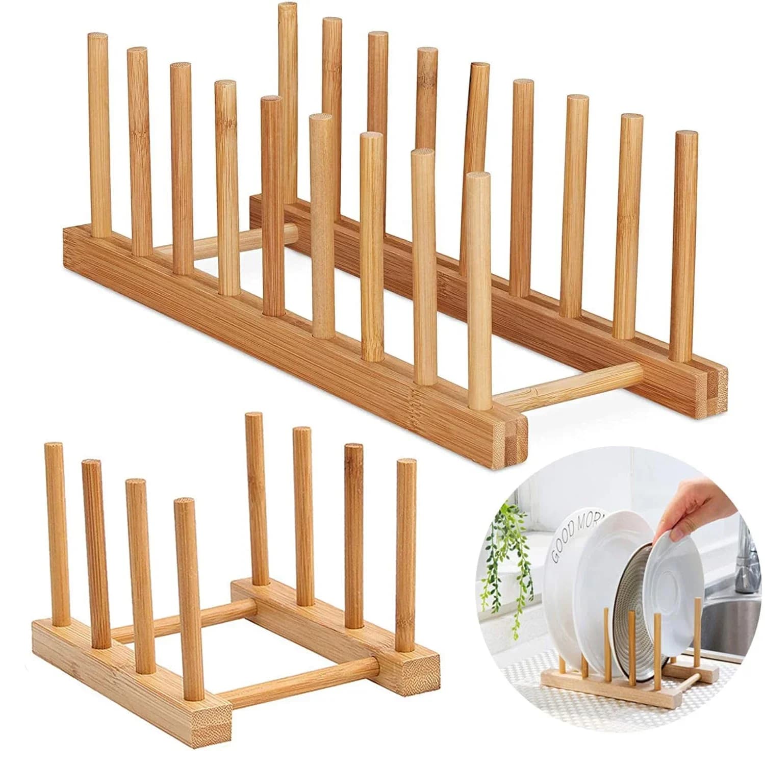 Scolapiatti in Legno, Supporto per Piatti, Scolapiatti per Stoviglie, Porta Coperchi, Organizzatore da Cucina, Espositore per Tazze
