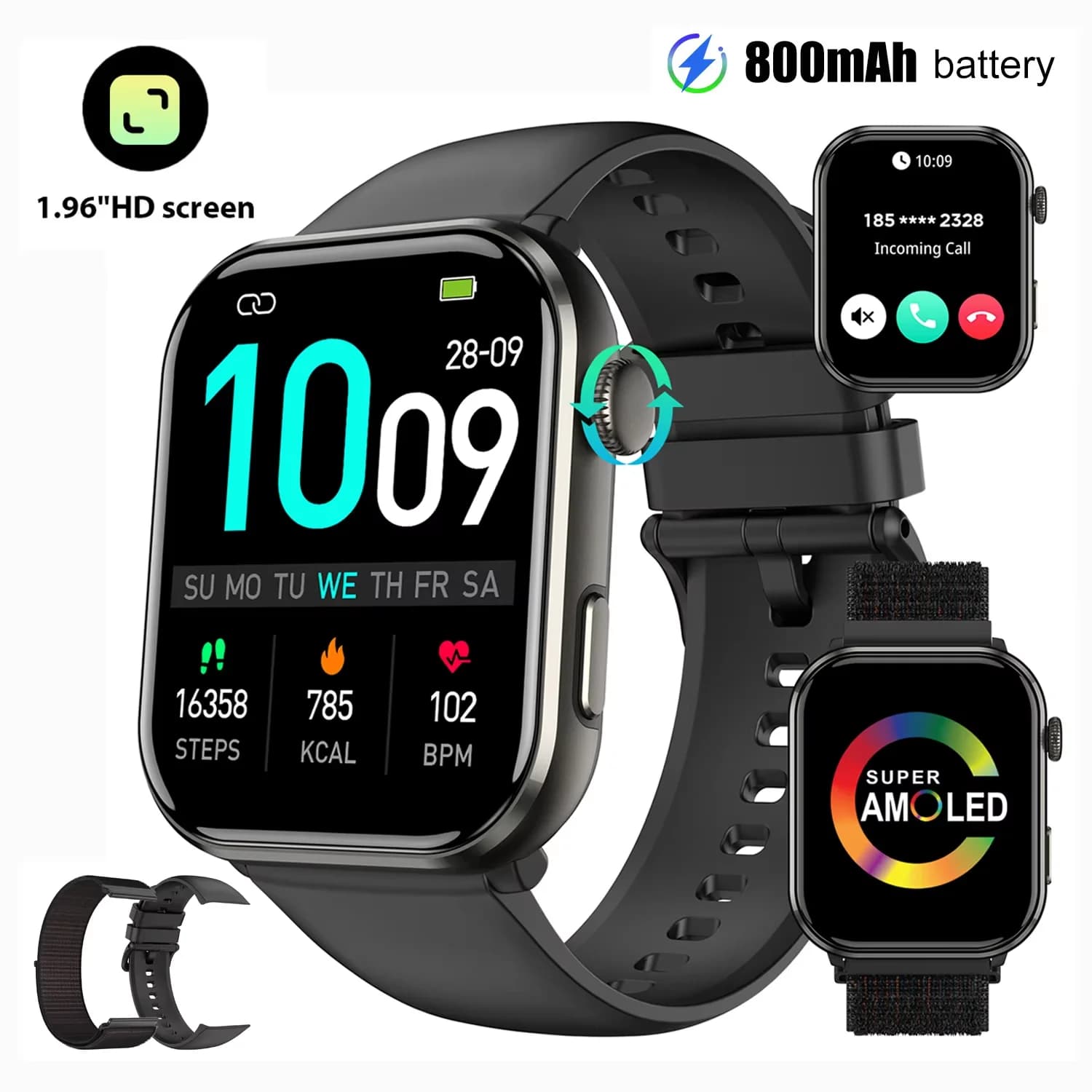 Blackview R60 Smartwatch con chiamata Bluetooth per uomo e donna, schermo AMOLED HD da 1,96 pollici, monitoraggio della salute, orologio fitness per Android IOS