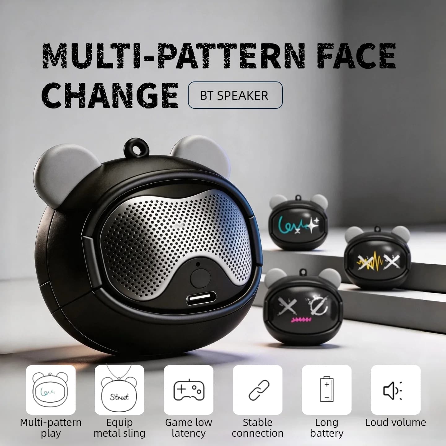 Portable Bluetooth Speaker 5.3 LED Face Changing Light Loud Stereo Bass Wireless Mini Speaker Long Battery Life Low Latency Audio