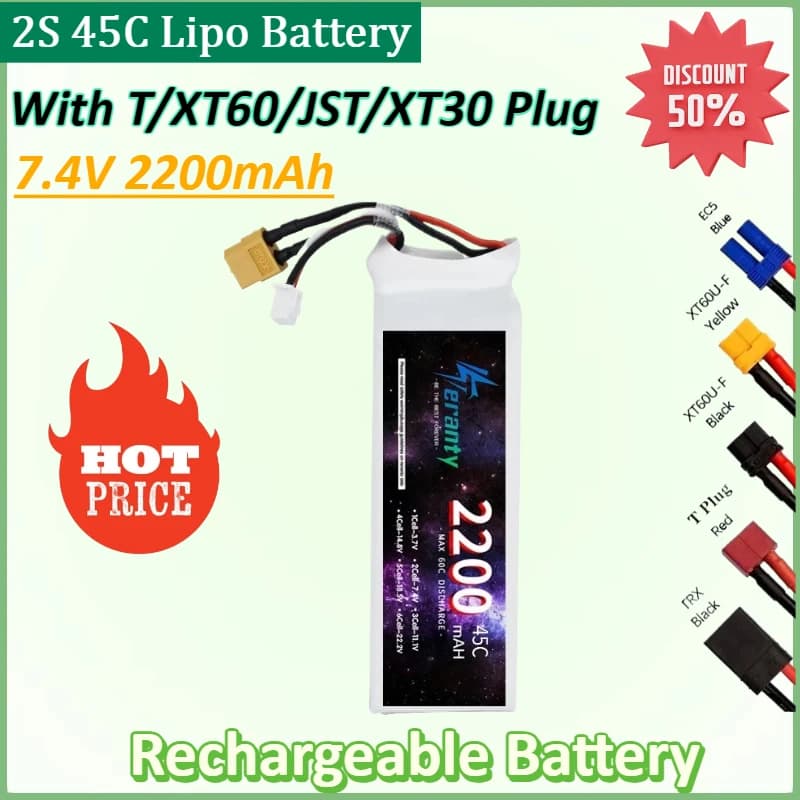 New 2S 45C Lipo Battery 7.4V 2200mAh with T XT60 JST XT30 Plug for Quad RC FPV Airplane Drone Racing Hobby Lithium Battery