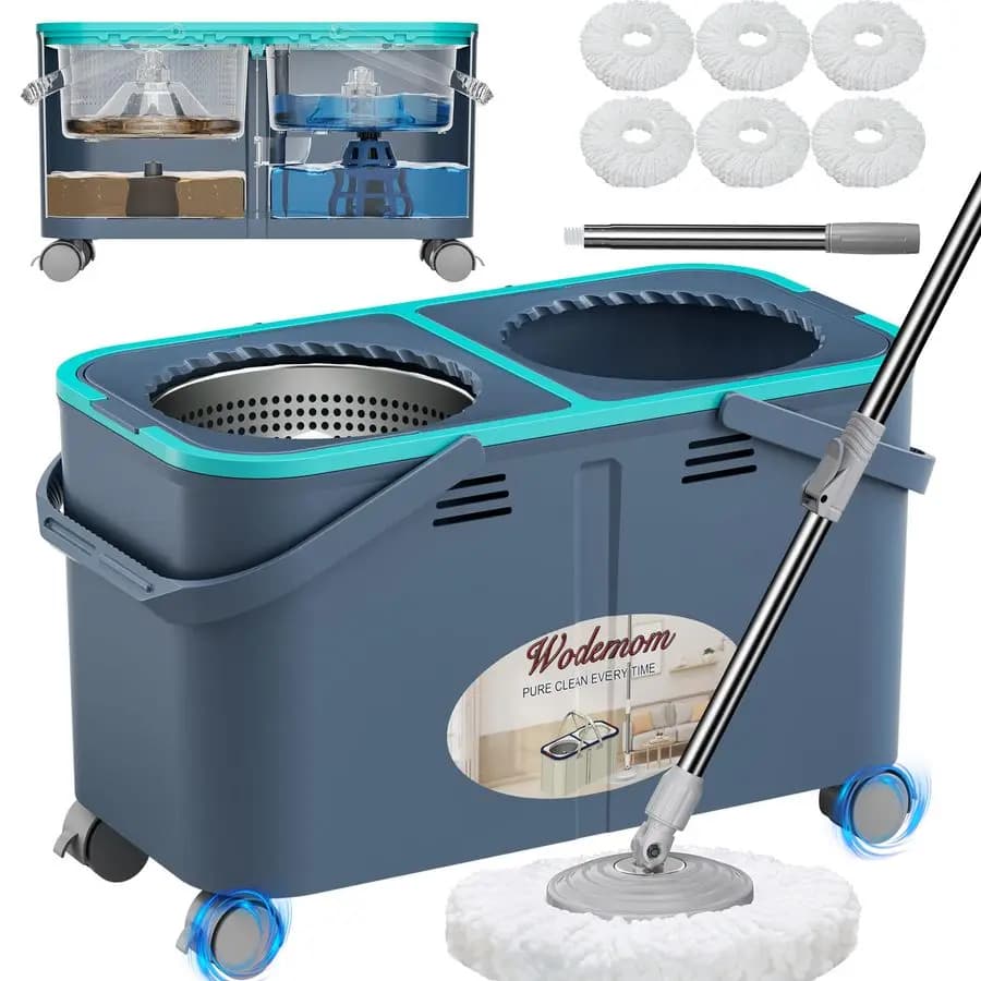 Set Mop e Secchio Girevole Gen 2 Aggiornato con 4 Ruote Girevoli per Facile Spostamento, Separazione Acqua Pulita e Sporca, Mop per Pavimenti con 6