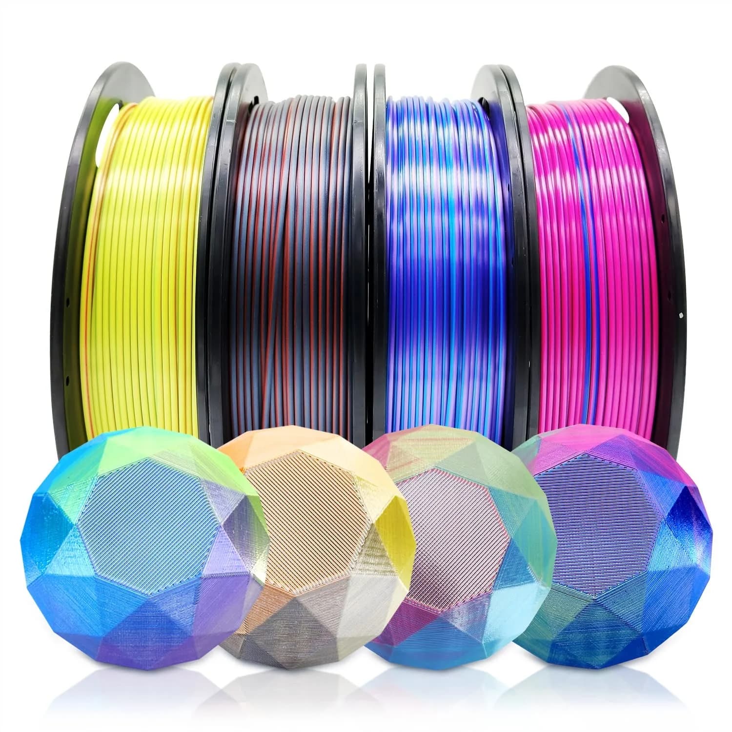 Confezione da 4 filamenti PLA 1,75 mm multicolore effetto seta, 250 g ciascuno per stampante 3D, dual extrusion con rosso, blu, oro, viola, verde, nero