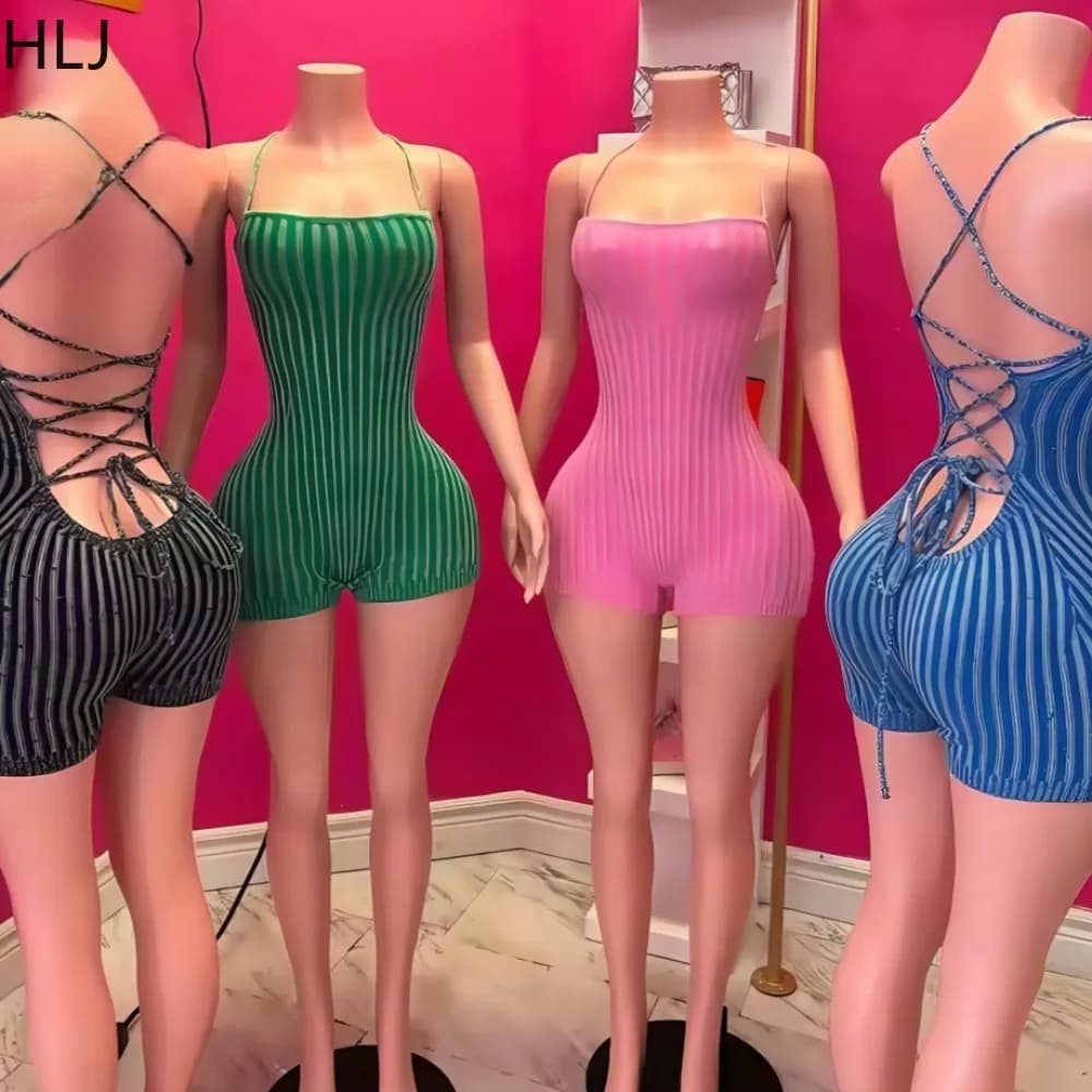 HLJ Pagliaccetti a righe in maglia sexy da donna con cinturino per spaghetti Fasciatura senza schienale Patchwork Tute intere Tute streetwear femminili