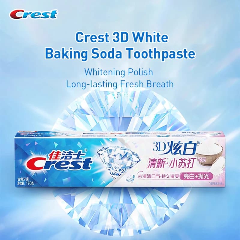 Il dentifricio al soda da forno bianco Crest 3D rimuove macchie e lucidano i denti
