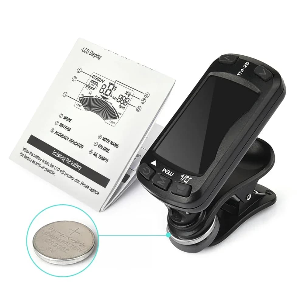 Sintonizzatore compatto 3 in 1 da viaggio: clip di spegnimento automatico con moschettone e LCD leggibili alla luce solare (chitarra/ukulele