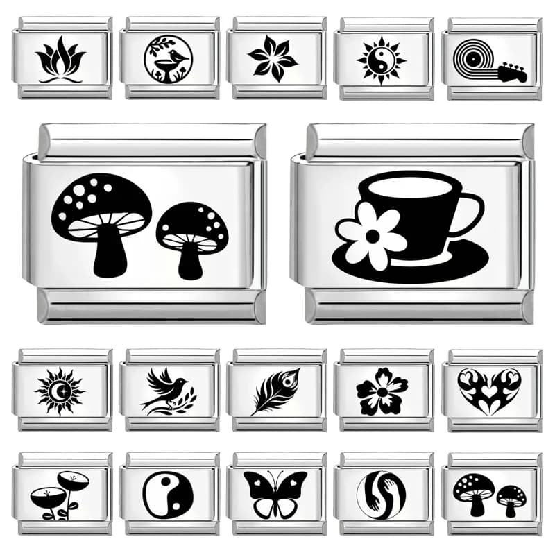 Laser Engraving Mushroom Flower Tea Cup Bird Italian Charm Link Fit 9mm Stainless Steel Bracelet Women DIY Making Gift Wholesale