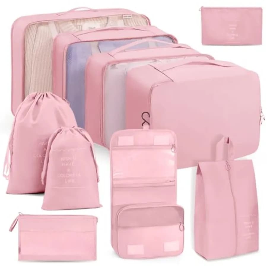 Set di 10 Cubi Organizzatori per Valigie in Rete Traspirante, Borse Rosa Resistenti per Organizzazione Viaggio