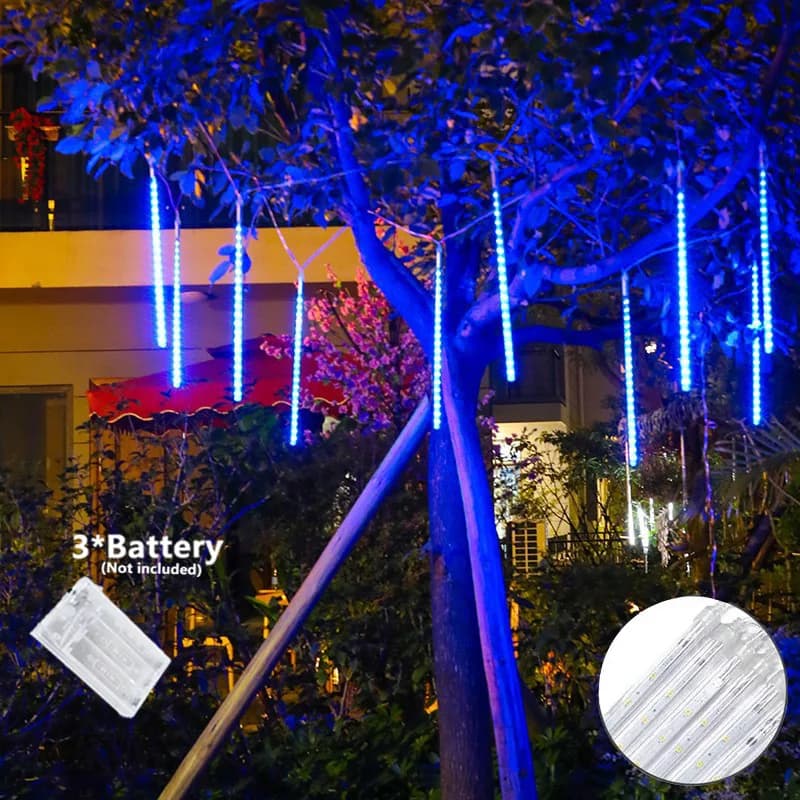 Luci a LED a Cascata Effetto Pioggia di Meteore a 8 Tubi, Alimentate a Batteria, per Decorazioni Natalizie, Matrimoni, Tetti e Giardini