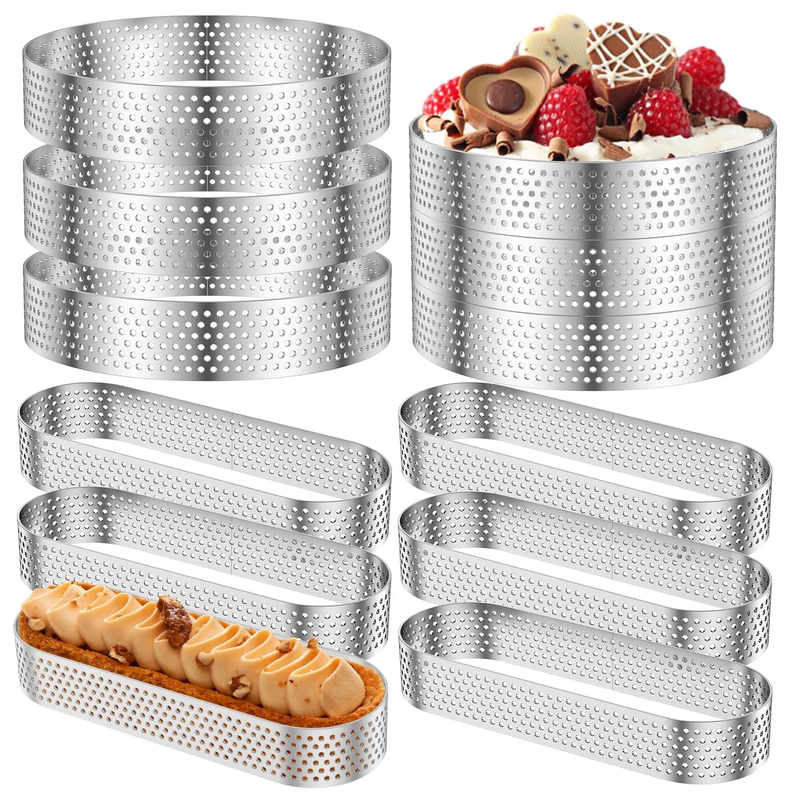 Set di 12 Anelli Ovali per Muffin e Torte in Acciaio Inox 304, Stampi Forati per Mousse, Biscotti, Pasticceria e Quiche