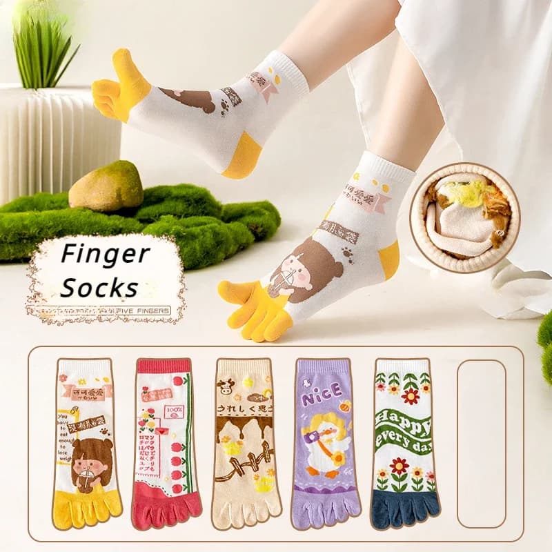 5 pairs of socks in cotton Yoga Pilates with fingers Separate socks to five fingers woman Cartoon Cute Kawaii Sports Gym Socks Midi Tube