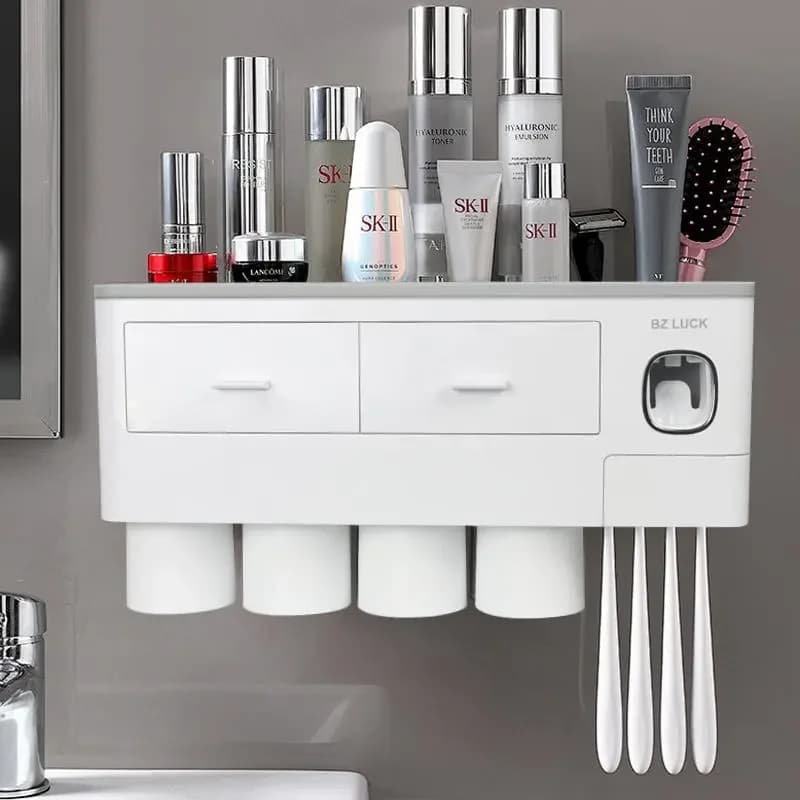 Wall‑Mounted 2‑4 Cup Toothbrush Holder with Toothpaste Dispenser, Large‑Capacity Tray Bathroom Organizer for Toiletries & Cosmetic Bottles
