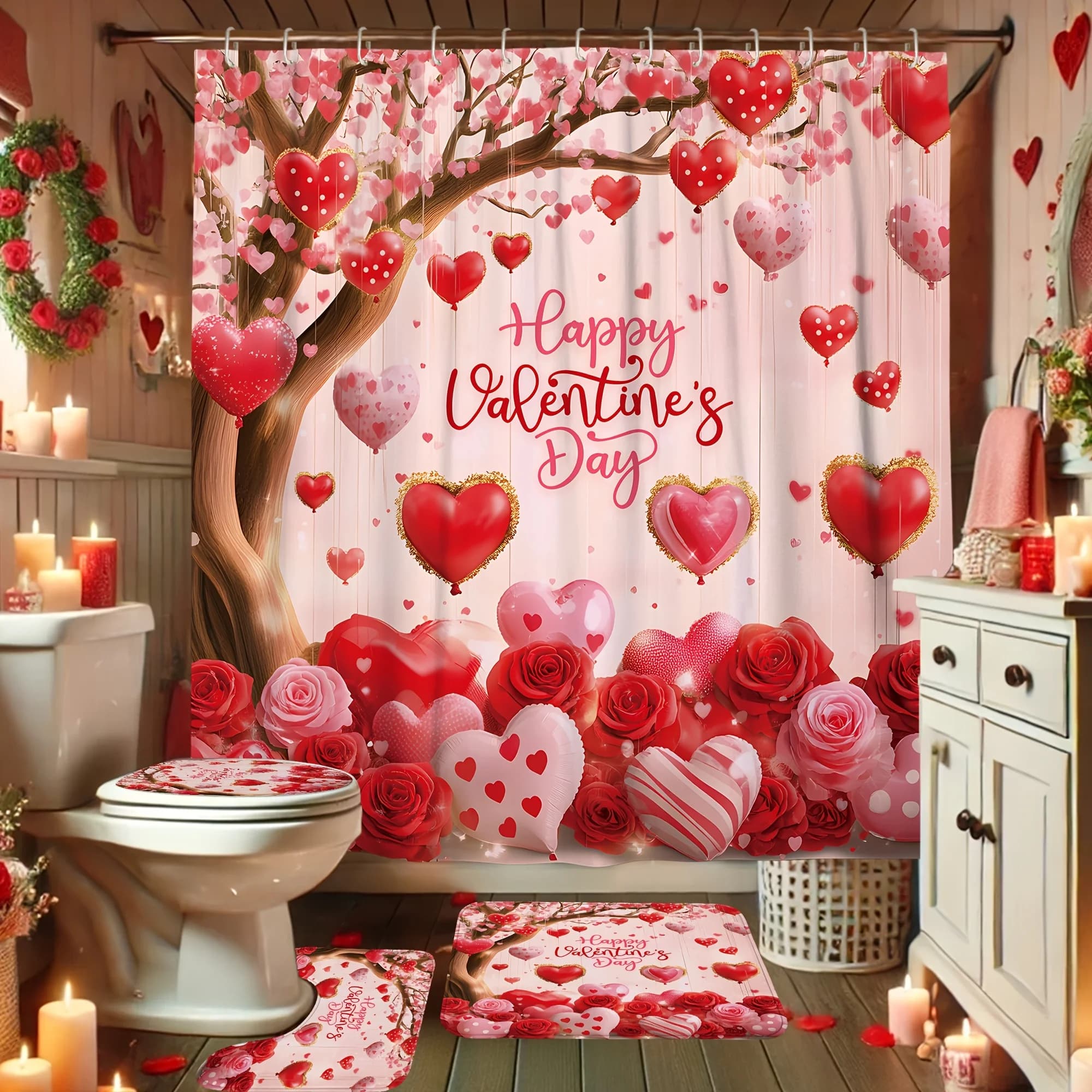 VIKAMA San Valentino Romantico Cherry Blossom Cuore Tenda da doccia Impermeabile Rosa Giardino Decorativo Bagno Divisorio Tenda